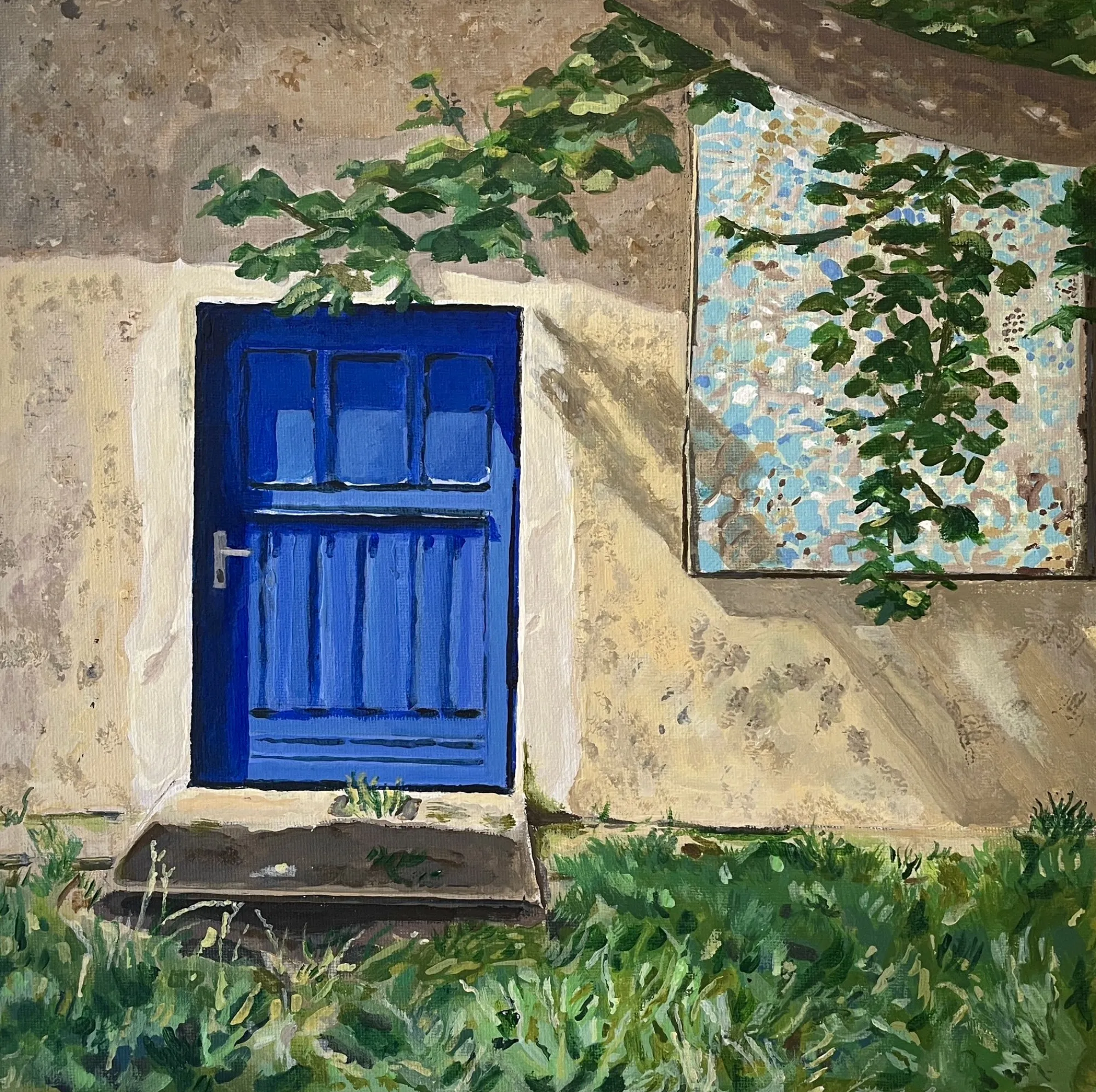 Acryl-Blumenbild im Malprozess auf Leinwand